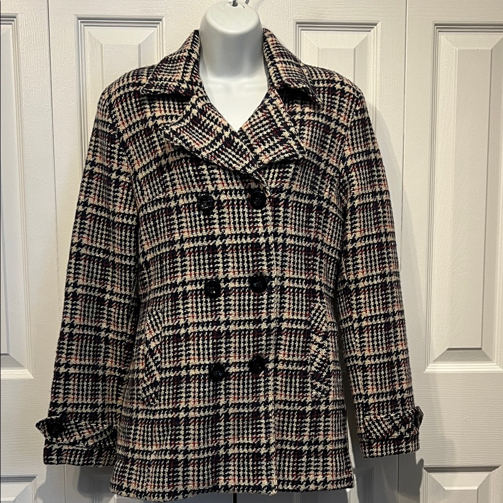 Tommy Hilfiger‎ Navy, Cream Wool Blend Double Breasted Plaid Coat Size S